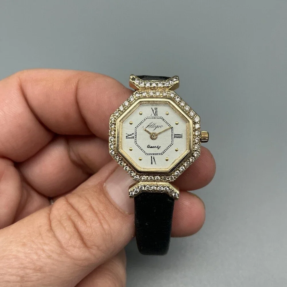Allegro Womens Watch 22mm White Dial 14K Diamond Bezel Black Leather New Battery